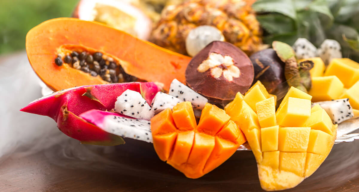 colorful exotic asian fruits cut and diced for serving